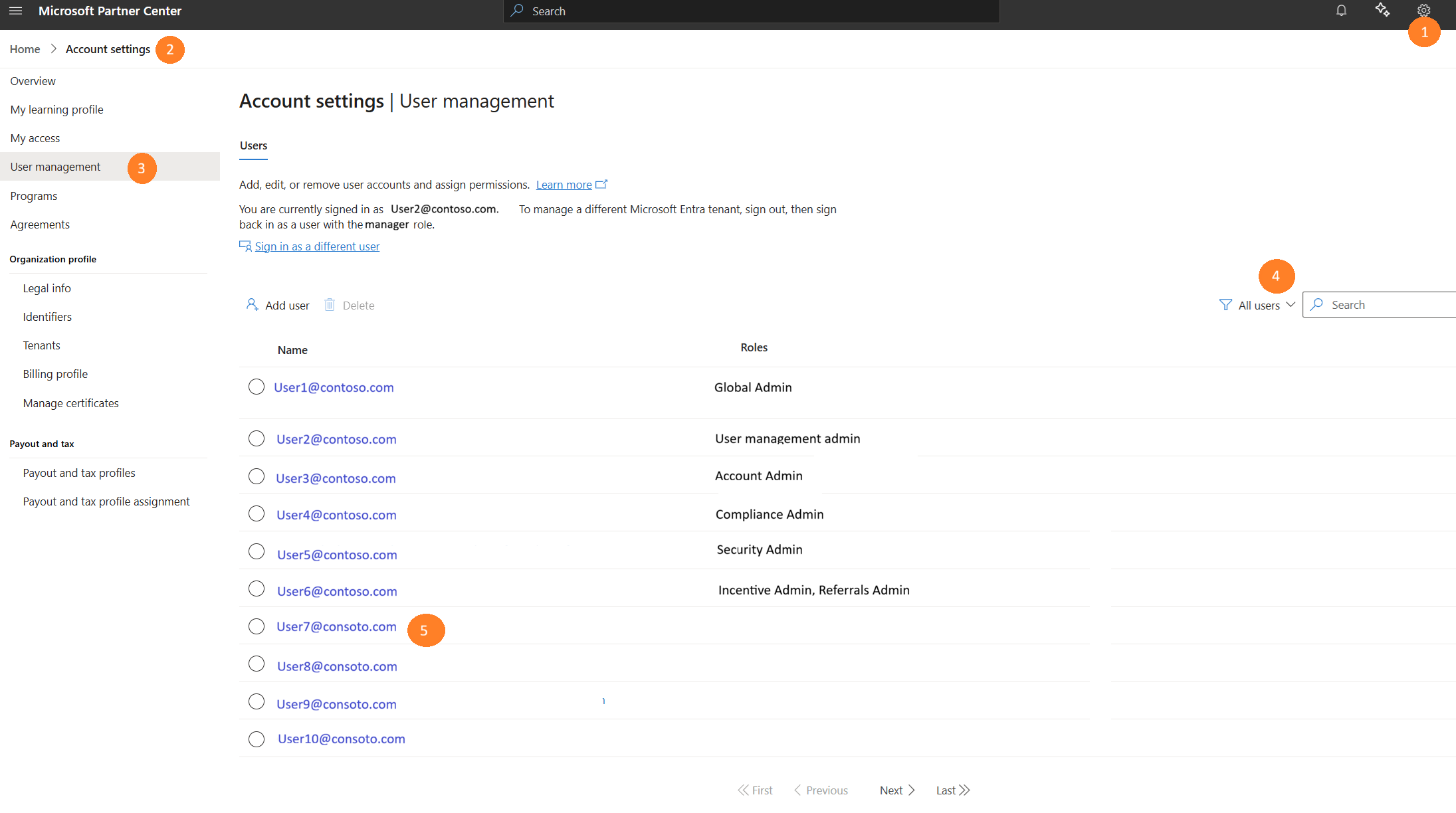 Screenshot showing the list of users and their Partner Center role assignments with option to search by alias or filter users by roles.