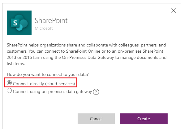 Yhteyden muodostaminen SharePoint Onlineen valitsemalla Yhdistä suoraan (pilvipalvelut)