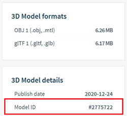 Näyttökuva  3D object tiedostotyypeistä ja mallin tunnuksesta CGTrader.com-sivustolla.