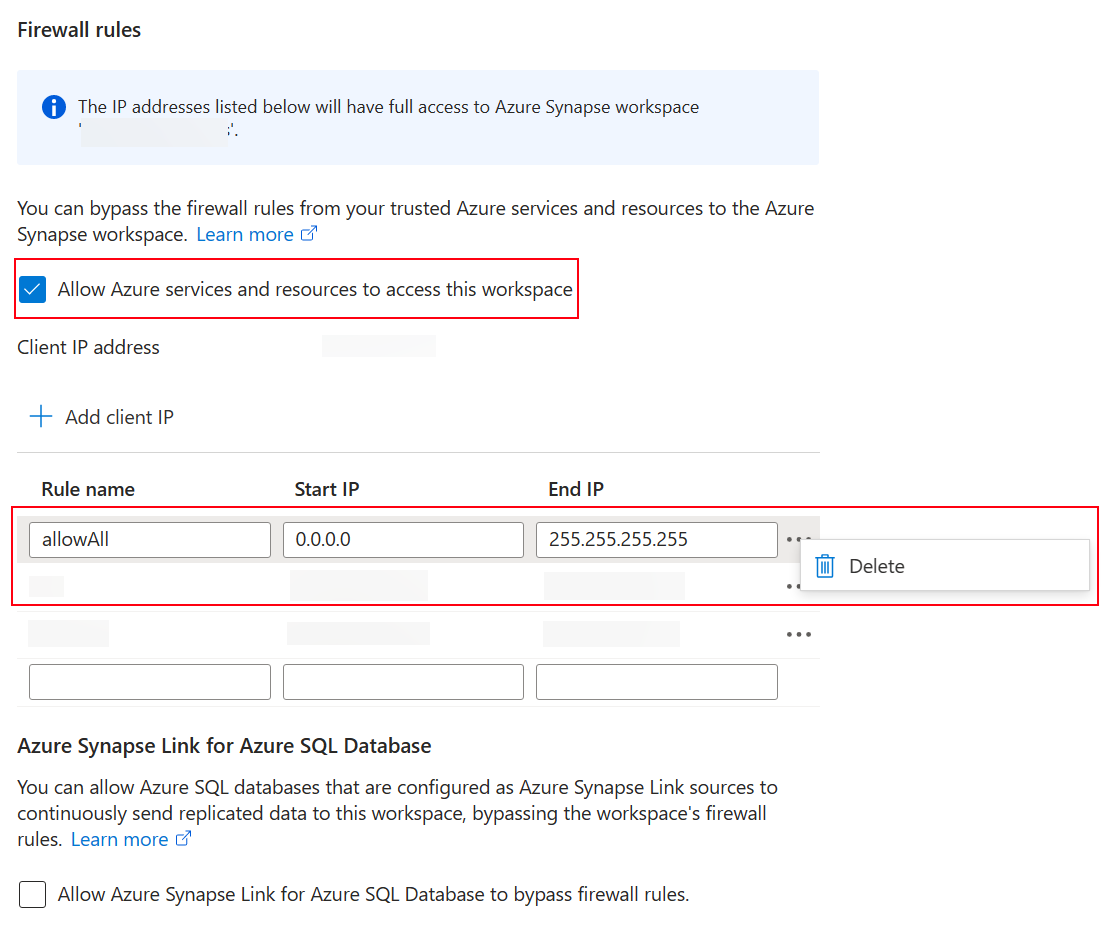 Azure Synapse Workspacen verkkoasetukset 