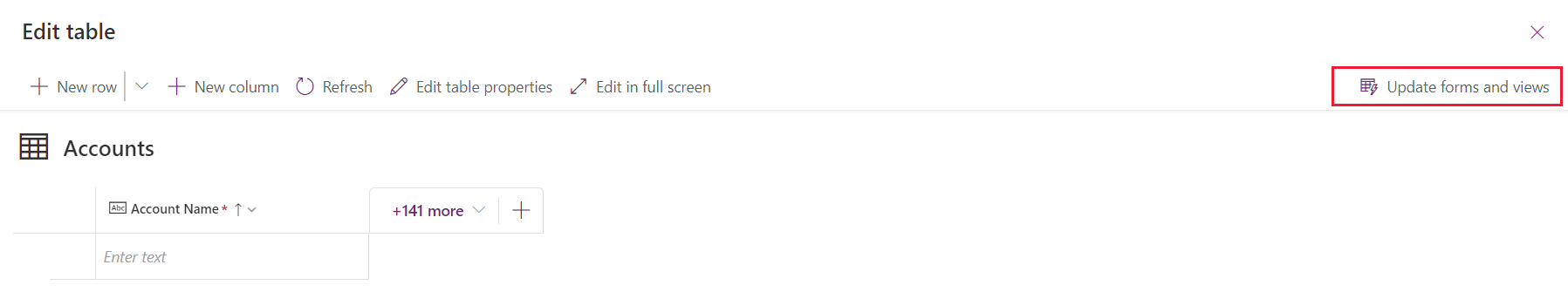 Päivitä lomakkeet ja näkymät -asetus sisäisessä taulukon suunnitteluohjelmassa.