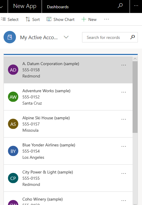 Tili-kortin lomake aktiivisten tilien näkymälle.