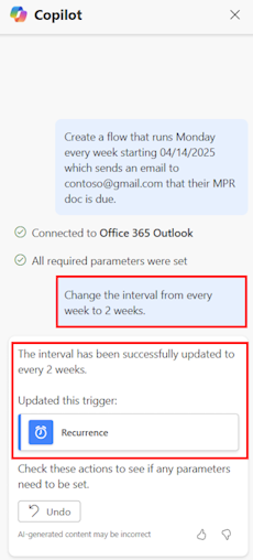 Näyttökuvassa ajoitetun työnkulun luontikehote Copilot-ruudussa