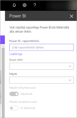 Näyttökuva SharePointin uuden verkko-osan ominaisuuksista, joissa Power BI -raporttilinkki on korostettuna.