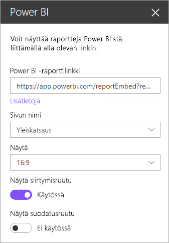 Näyttökuva SharePointin uuden verkko-osan ominaisuuksien valintaikkunasta, jossa Power BI -raporttilinkki on korostettuna.