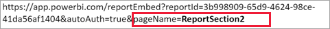 Näyttökuva pageName-asetuksen lisäämisestä URL-osoitteeseen pageName=ReportSection 2 korostettuna.