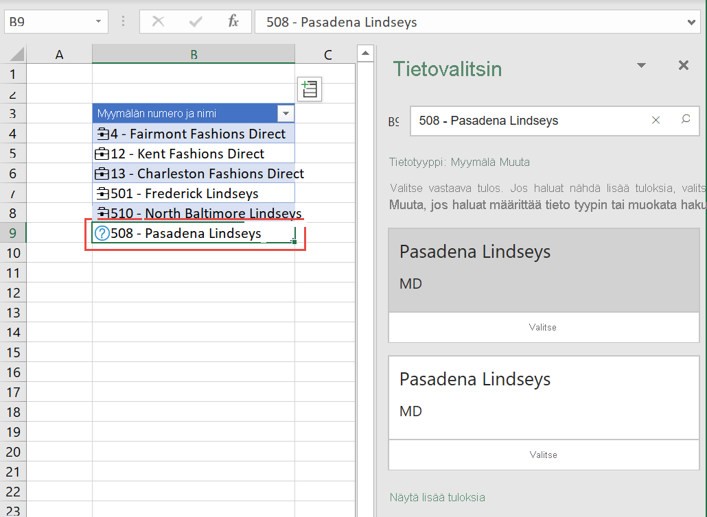 Screenshot of Excel Data Selector pane.