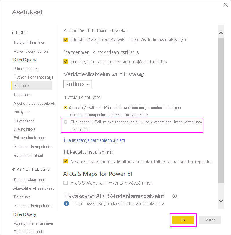 Screenshot that shows allowing non-certified custom connectors in Data Extension Security options.