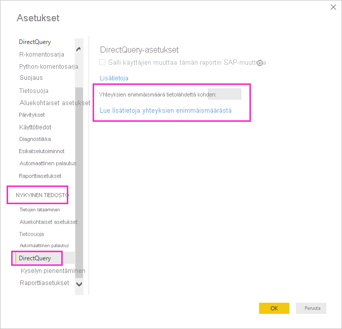 Screenshot that shows setting maximum DirectQuery connections.