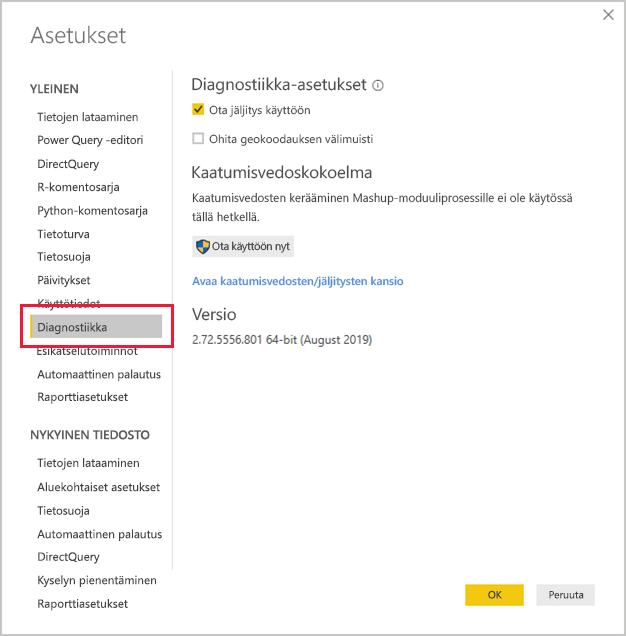Screenshot of the Diagnostics section of the Power BI Desktop Options screen with the link to open the crash dump/traces folder.