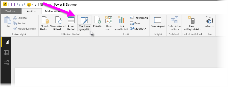 Screenshot of the Power Query Editor in Power BI Desktop, showing the Transform data selection.