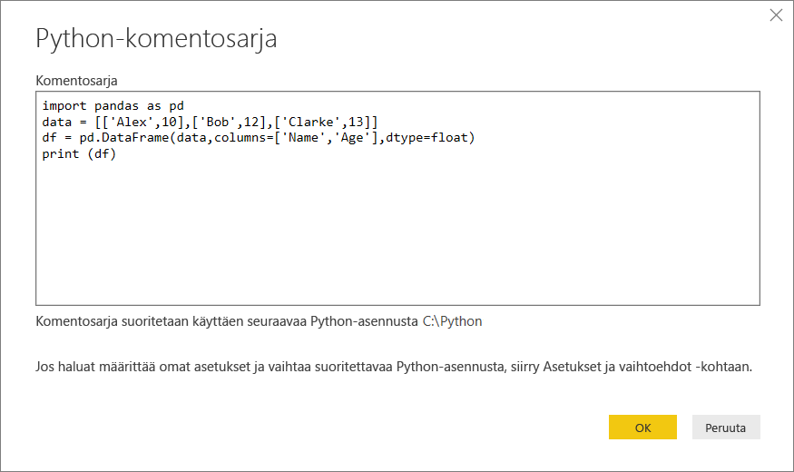 Screenshot that shows pasting the sample Python script into the Python script dialog box.