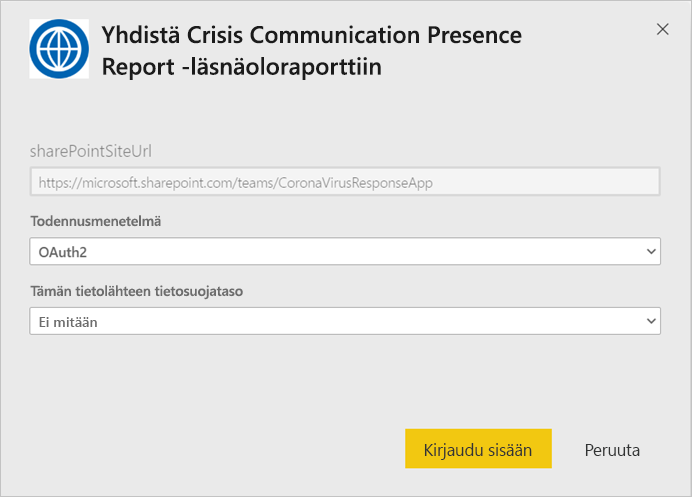 Crisis Communication Presence Report app authentication dialog