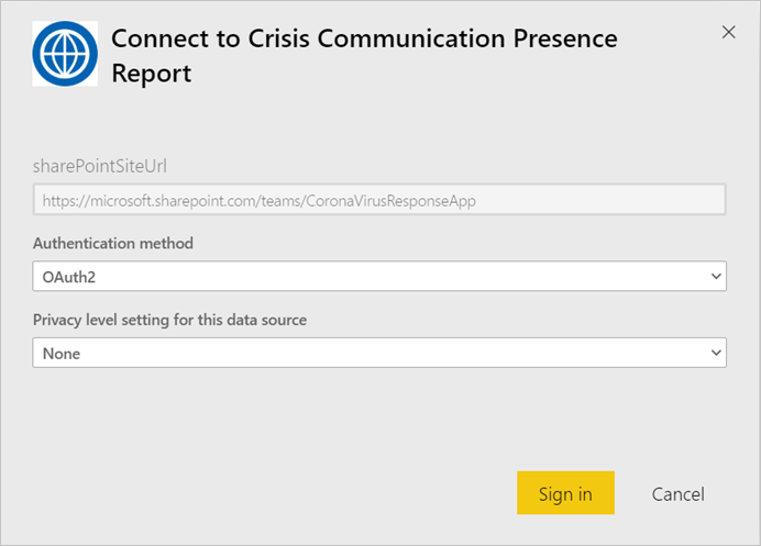 Crisis Communication Presence Report app authentication dialog