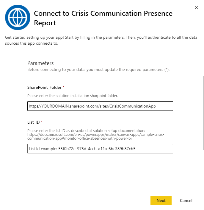 Crisis Communication Presence Report app URL dialog