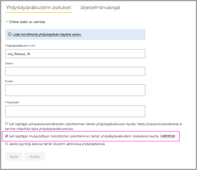 Screenshot that shows enabling custom connectors on the on-premises gateway Settings page.