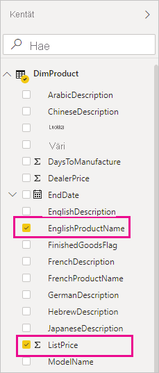 Screenshot of the Fields pane with the EnglishProductName and ListPrice fields highlighted.
