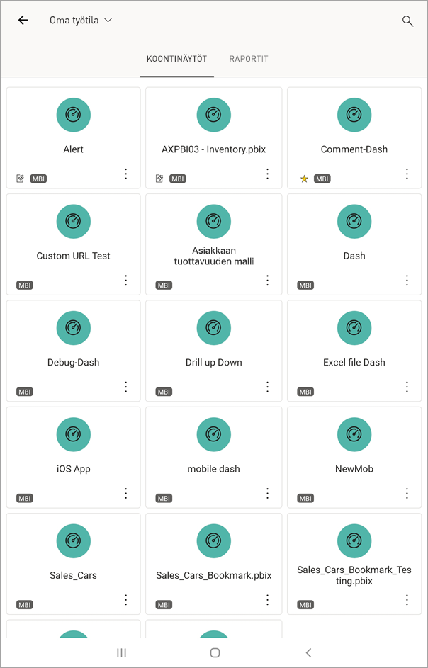 Screenshot shows an Android tablet screen with My Workspace with DASHBOARDS selected.