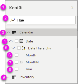 Kuvakaappaus Data-listan tarkennusetenemisestä laajennetuilla taulukoilla.