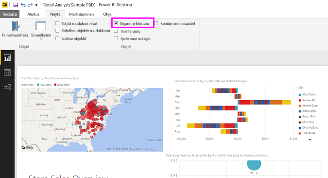 Screenshot showing how to turn on the Bookmarks pane in Power BI Desktop.