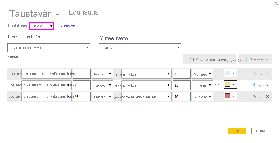 Conditional formatting dialog for background color by rules: format style dropdown option is set to rules.