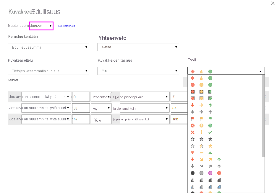 Dialog of icons: format style is set to Rules. Available icons are shown under the Style dropdown.