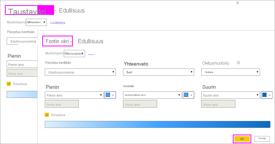 Conditional formatting dialog for Background color and Font color