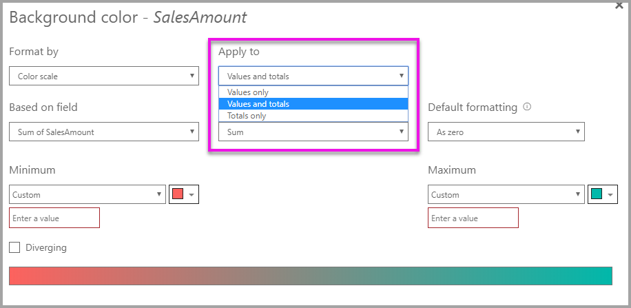 Conditional formatting dialog: Apply to dropdown is set to Values and totals.