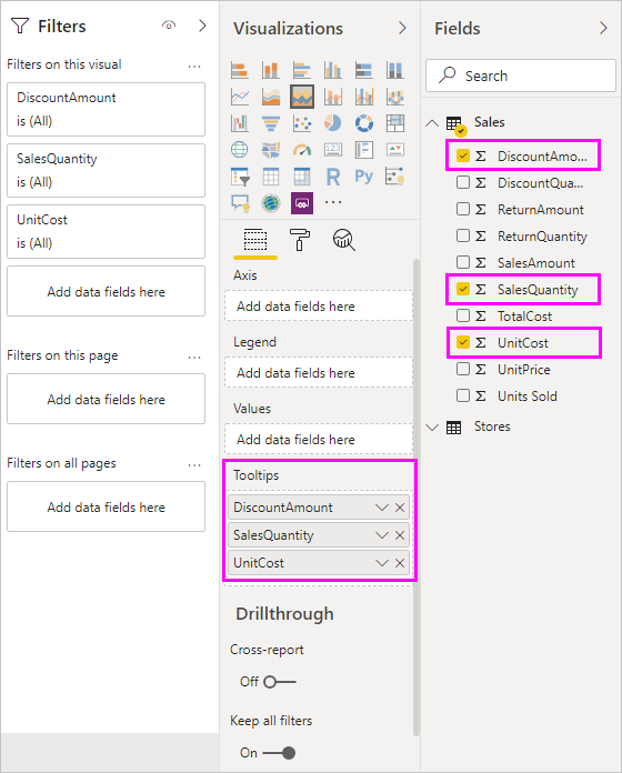 Kuvakaappaus Visualisointi-paneelista, jossa kolme kenttää lisätään Työkaluvihjeiden laatikkoon.
