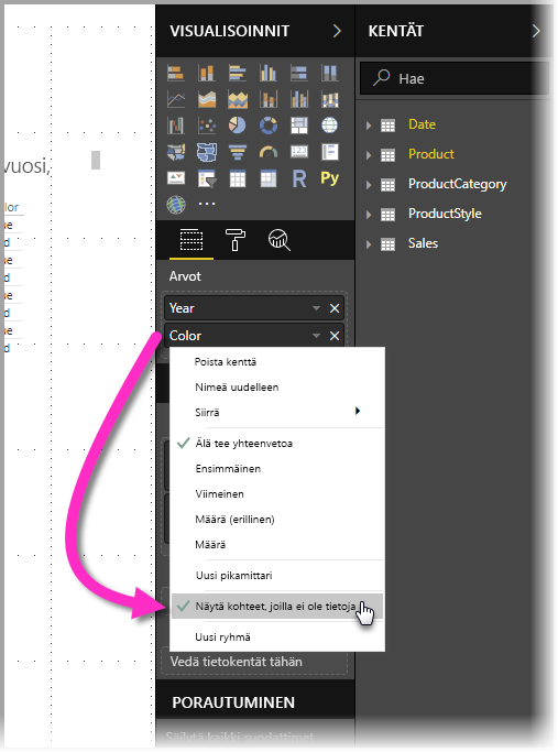 Screenshot of the Visualizations menu, highlighting the Show items with no data within the X-axis dropdown menu.