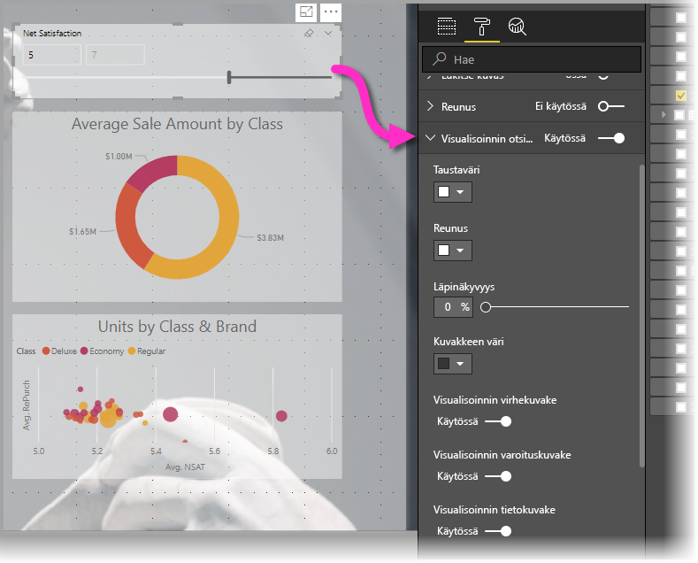 Kuvakaappaus Visual-otsikon muotoiluvaihtoehdoista.