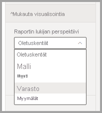 Kuvakaappaus pudotusvalikon nuolesta, joka näyttää saatavilla olevat näkökulmat.