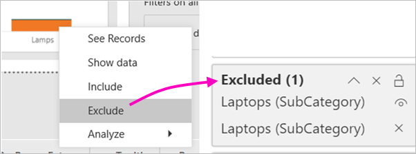 Kuvakaappaus Filter-paneelista, jossa korostetaan Poissulje-valintaa.