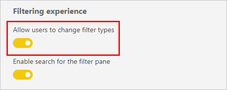 Screenshot of the Filtering experience menu, highlighting Allow users to change filter types.