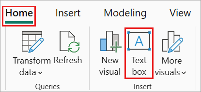 Screenshot of Power BI Desktop, highlighting the Text box.