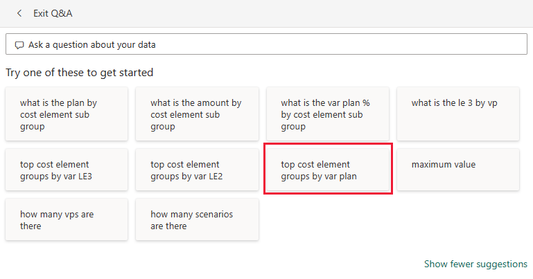 Screenshot that shows suggested questions about your data.