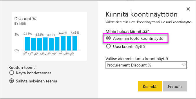 Screenshot of the Pin to dashboard window, highlighting Existing dashboard.