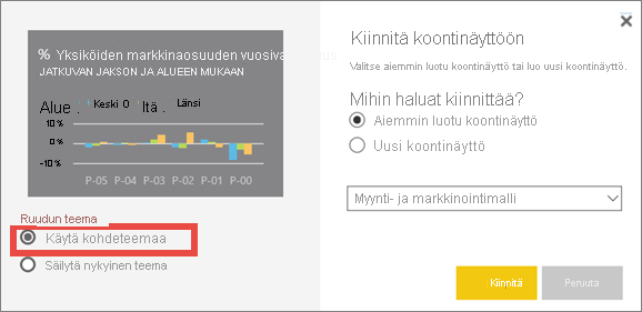 Screenshot of the Pin to dashboard window, highlighting the Use destination theme option.