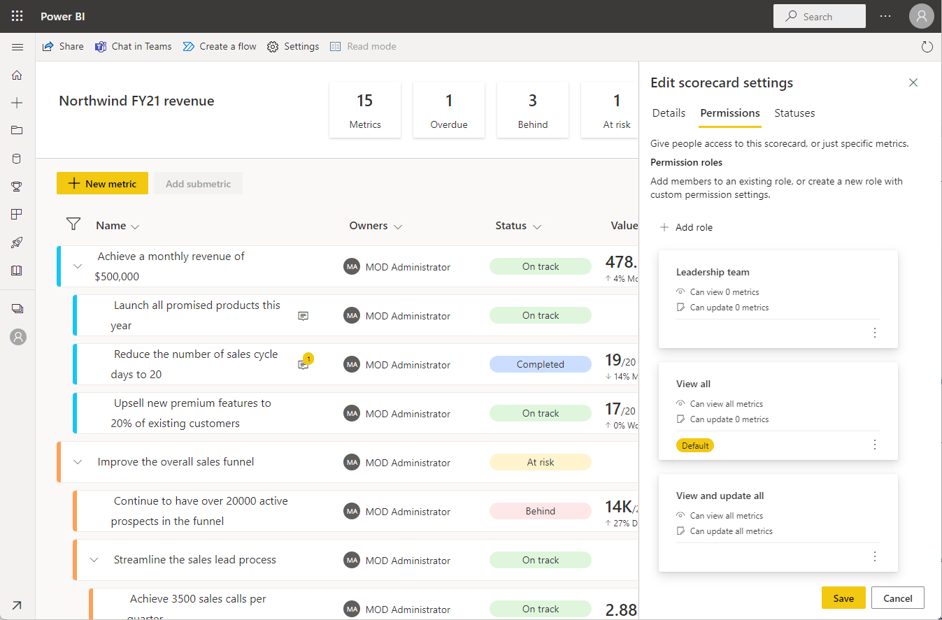 Screenshot of opening metric-level permissions by accessing the scorecard settings and selecting permissions.