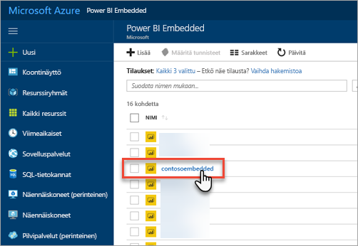 Screenshot of the Azure portal, which shows the list of Power BI Embedded capacities.
