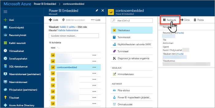 Screenshot of the Azure portal, which shows the highlighted Pause button.