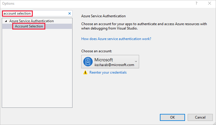 Visual Studion Asetukset-ikkunan näyttökuva, jossa näkyy korostettu Tilin valinta -vaihtoehto hakutuloksissa.