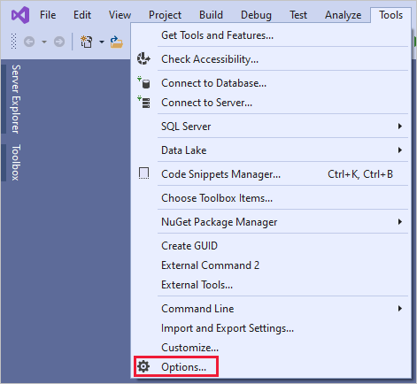 Näyttökuva Visual Studio -ikkunasta, jossa näkyy korostettu Asetukset-painike Työkalut-valikossa.