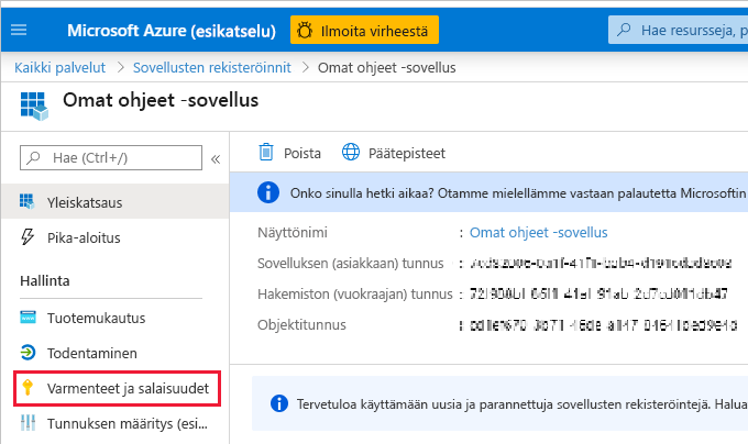 Näyttökuva uuden sovelluksen Yleiskatsaus-sivusta. Siirtymisruudussa Varmenteet ja salaisuudet on korostettu.