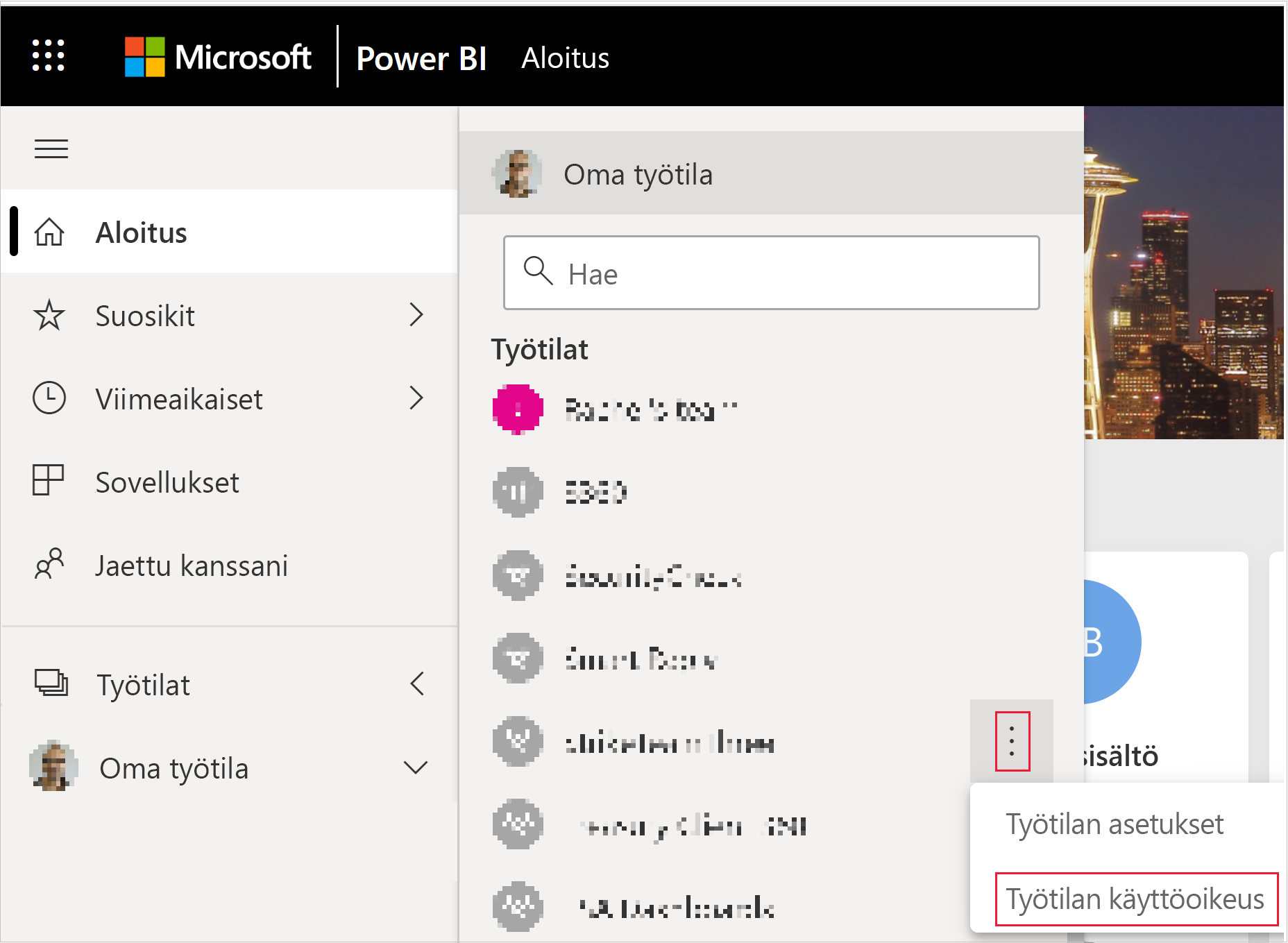 Screenshot showing the workspace access button in the more menu of a Power B I workspace.