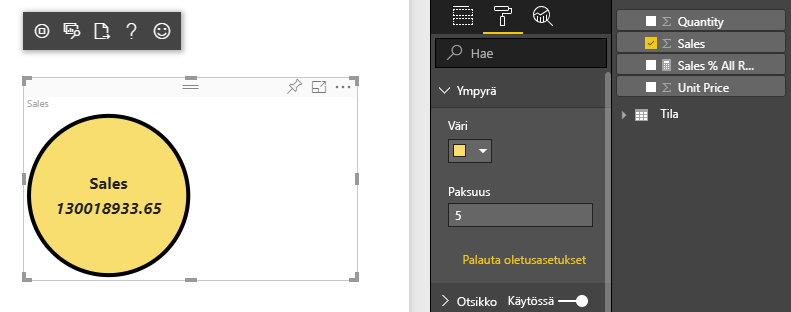 Näyttökuva Power BI -palvelun React circle card -visualisoinnista, joka näyttää väri- ja reunan paksuusmuotovaihtoehdot.