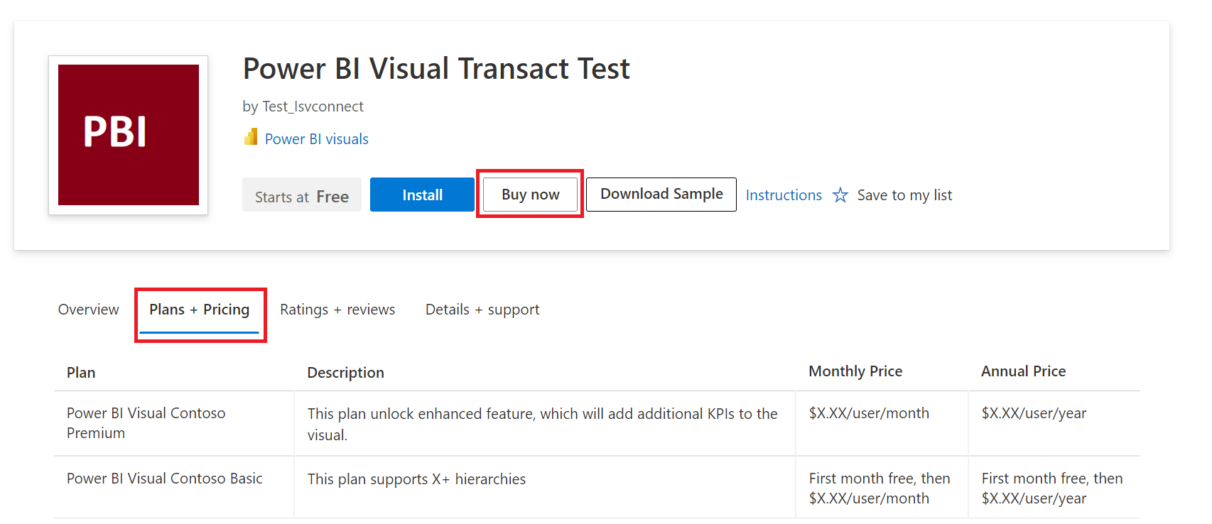 Screenshot showing a custom visual available for download with pricing information.