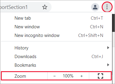 Näyttökuva, jossa näkyvät selaimen zoomaussäätimet.