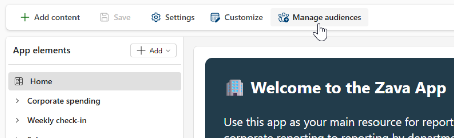 Kuvakaappaus Hallinnoi yleisöä -painikkeesta organisaatiosovelluksen luomisessa.