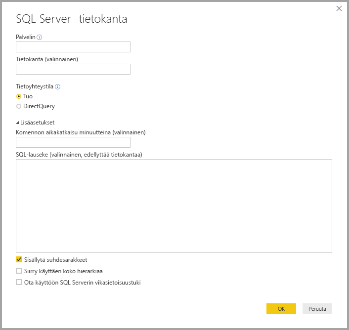 Screenshot of Power BI Desktop showing SQL Server database dialog box.